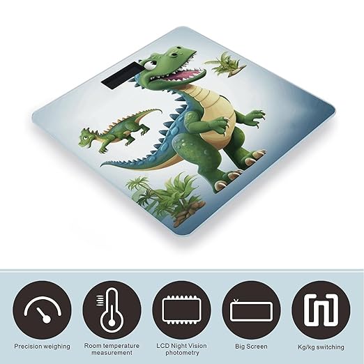 Cartoon Dinosaur Images Digital Bathroom Scale for Body Weight with High Precision Digital Weighing Scale with BMI Clear LCD Display and Step-On Measures Weight Up to 180kg
