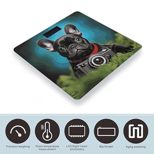 French Bulldog Puppy with Camera Scale for Body Weight Sturdy Tempered Glass Weighing Scales with LCD Display Accurate Digital Bathroom Scale Convenient Body Fat Smart Scales 400lb