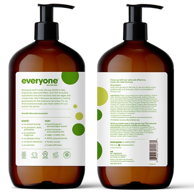 Everyone 3-in-1 Kids Soap Body Wash Bubble Bath Shampoo 32 Ounce (Pack of 4) Tropical Coconut Coconut Cleanser with Plant Extracts and Pure Essential Oils
