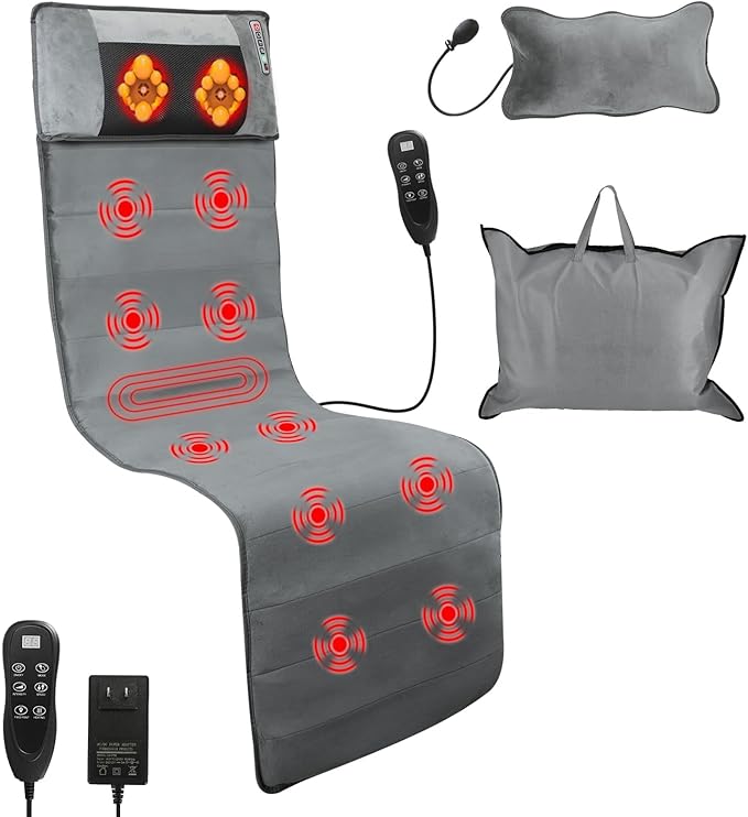 Full Body Massage Mat with Heat Electric Vibration Back Massage Pad with Shiatsu Detachable Neck Massage Pillow for Pain Relief 10 Vibration Motors 3 Heating Levels Gifts for Men Women