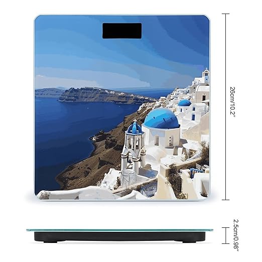 Santorini Greek Island Sea View Scale for Body Weight Sturdy Tempered Glass Weighing Scales with LCD Display Accurate Digital Bathroom Scale Convenient Body Fat Smart Scales Easy Read