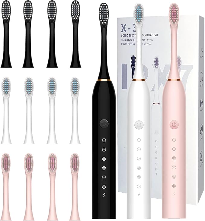 3 Pack Electric Toothbrush with 6 Modes Rechargeable Toothbrushes with 12 Brush Head Fast Charge 2 Min and 30s Timer Toothbrush