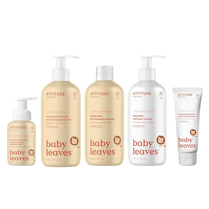 Bundle of ATTITUDE 2in1 Foaming Wash Body Lotion 2in1 Shampoo and Body Wash Bubble Wash and Calendula Body Cream EWG Verified Dermatologically Tested Vegan Pear Nectar 10 Fl Oz