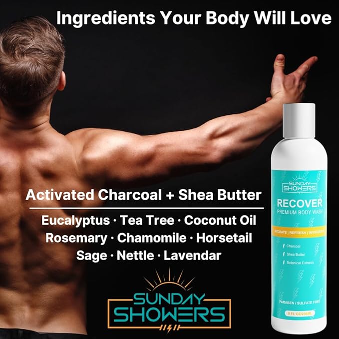 All Natural Recovery Body Wash - Revitalize and Rejuvenate with clean premium ingredients: Charcoal Shea Butter Eucalyptus Tea Tree Coconut Oil Rosemary Chamomile Sage
