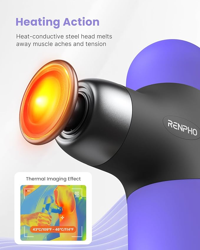 RENPHO Mini Thermal Massage Gun with Heat Portable Deep Tissue Percussion Massager with 4 Heads for Neck &amp Back Comfort Ultra-Quiet Operation for Home Office &amp Travel Includes Compact Carr