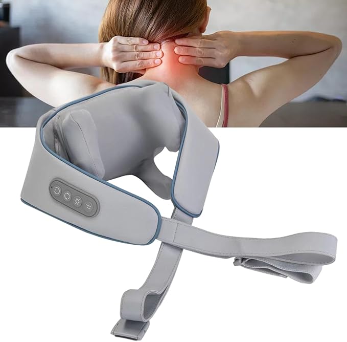 Electric Neck Massager with Heating Function and 6 Massage Attachments for Adults Blue Gray