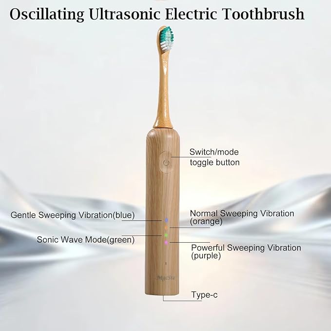 Oscillating Ultrasonic Electric Toothbrush with Bamboo Brush Heads (5 Pack) Sweeping &amp VibratingType-C Rechargeable IPX7 Waterproof 4 Modes for Optimal Oral Care - Perfect Holiday Gift