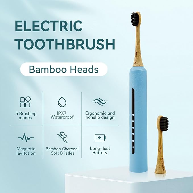 Bamboo Electric Toothbrush for Adults丨Rechargeable Electric Toothbrush with 3 Non Toxic Charcoal Infused Bamboo Brush Heads 5 Cleaning Modes 60 Days Battery Life IPX7 Waterproof-Blue