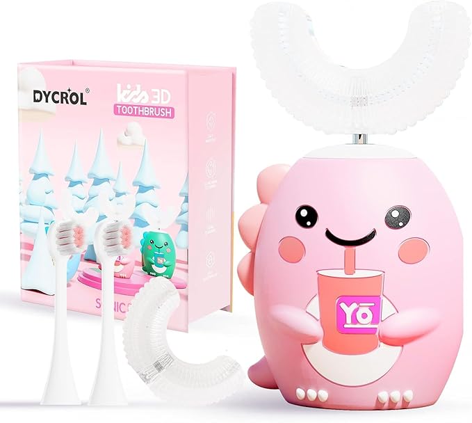 Kids U Shaped Electric Toothbrush with 4 Brush Heads Sonic Toothbrush Kids with 5 Modes Cartoon Dinosaur 360-Degree Cleaning IPX7 Waterproof Design (2-6 Age (Pink))