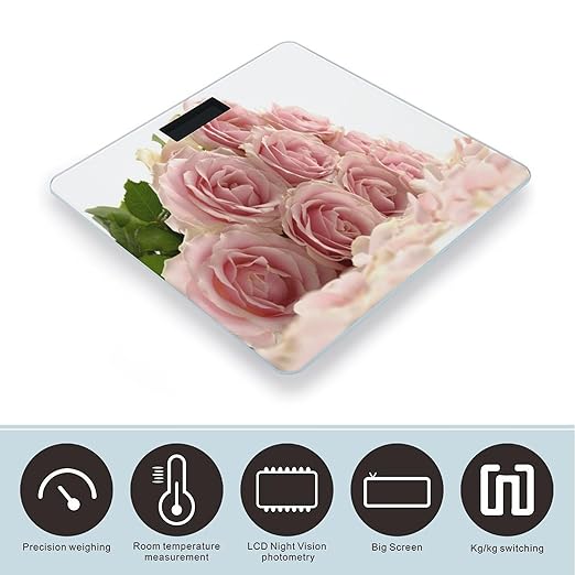 Pink Roses Scale for Body Weight Anti-Slip Tempered Glass Digital Bathroom Scales Clear LCD Display Weighing Scale Safe Rounded Corners Smart Scales