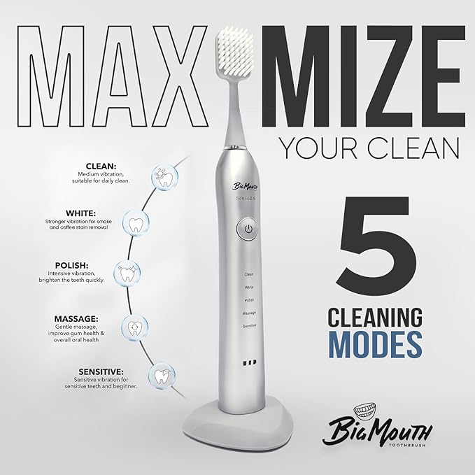 BIG MOUTH TOOTHBRUSH Dr Bobbi Electric Toothbrush for Adults | Ultrasonic Rechargeable Toothbrush with 5 Cleaning Modes &amp 2-Minute Smart Timer | Retains 42-Day Battery | Travel-Friendly Platinum