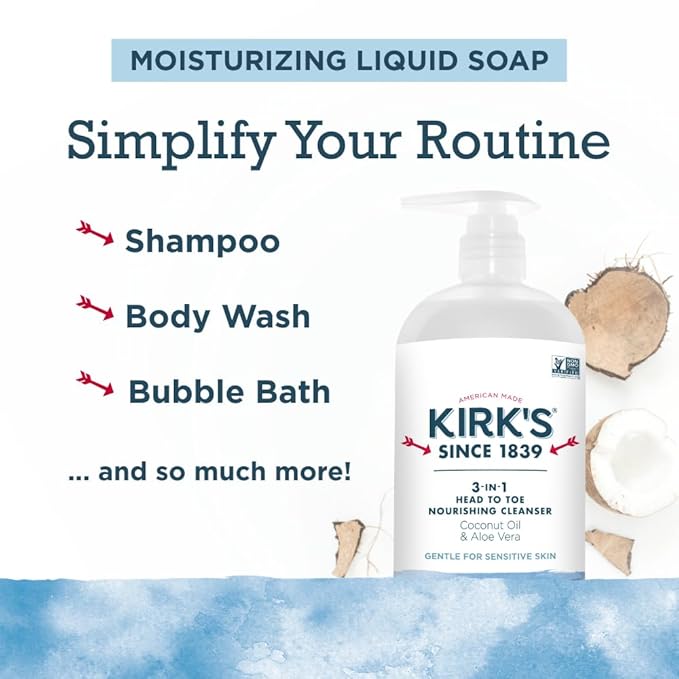Kirk's 3-in-1 Head to Toe Nourishing Liquid Cleanser- for Men Women &amp Children - Premium Coconut Oil &amp Aloe Vera- Non GMO &amp Vegan -Original Fresh Scent - 32 Fl Oz