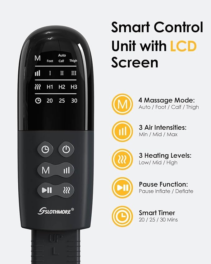 SLOTHMORE Leg Massager with Heat and Air Compression Foot Calf &amp Thigh Massage for Circulation and Pain Relief Sequential Compression Device for Swollen Legs 3 Intensities 6 Modes