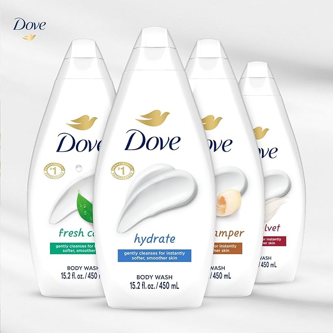 Dove Body Wash Variety 6-Pack – Hydrate Gentle Pamper Fresh Care and Silky Velvet 15.2 Oz Ea