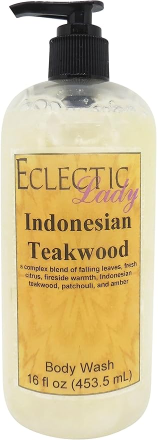 Eclectic Lady Liquid Pearl Body Wash - Indonesian Teakwood Scent 3-in-1 Use For Bubble Bath Hand Soap &amp Body Wash Phthalate-Free Indonesian Teakwood Fragrance Handcrafted in USA (16 oz)