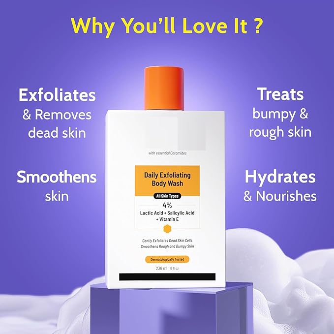 Exfoliating Body Wash 236ml | 4% (Salicylic Acid Vitamin E and Lactic Acid) | Paraben &amp SLS Free | Gentle Exfoliating Shower Gel | Removes Tan &amp Body Acne | Prevents Dry Rough Bumpy Skin |