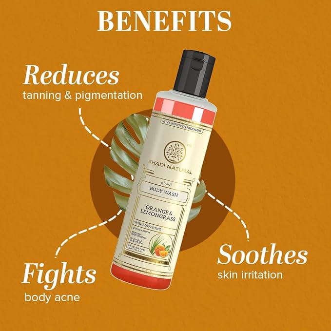 Khadi Natural Herbal Orange &amp Lemongrass Body Wash| Cleanses and Revives Skin|Shower Gel to Regulate oil production| Keeps skin blemish free|Suitable for All Skin Types| 210ml