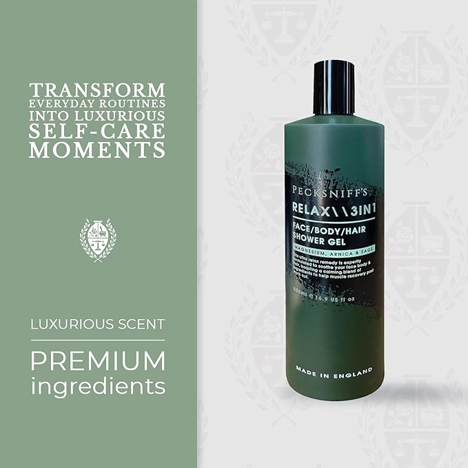 Pecksniff's Relax Magnesium 3-in-1 Arnica &amp Sage Shower Gel | 500ml /16.9 Fl Oz