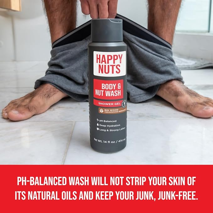 Happy Nuts Comfort Cream Powder and Body Wash Bundle - Anti-Chafing Sweat Defense and Men's Shower Gel Body Wash