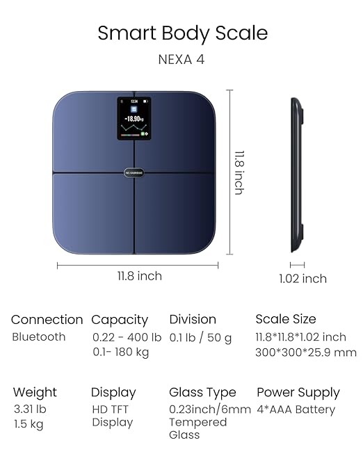 Smart Scale for Body Weight BMI Body Fat Muscle Mass 3.4 TFT Color Display Digital Bathroom Scale 25 Body Composition Analysis Sync App Bluetooth 400 lbs - Nexa 4