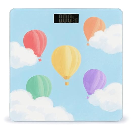 Watercolor Hot Air Balloons and Clouds Weight Scale Cute Bathroom Scale for Body Highly Accurate Digital Weighing Machine for People Compact LCD Display Scales with Sturdy Toughened Glass Scales