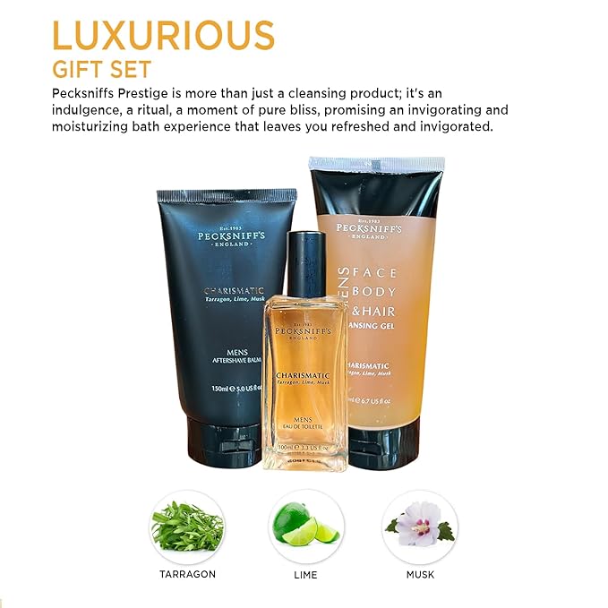 Pecksniff's Fragrance Gift Sets Luxurious Handcrafted in England (Men's Charismatic Trio: Eau de Toilette Aftershave Balm Cleansing Gel Set)