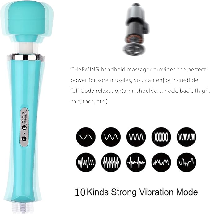 CHARMING Wired Powerful Handheld Back Massager with 10 Strong Vibrations Modes Personal Therapy Massager for Sports Recovery Muscle Aches Body Pain-Light Blue