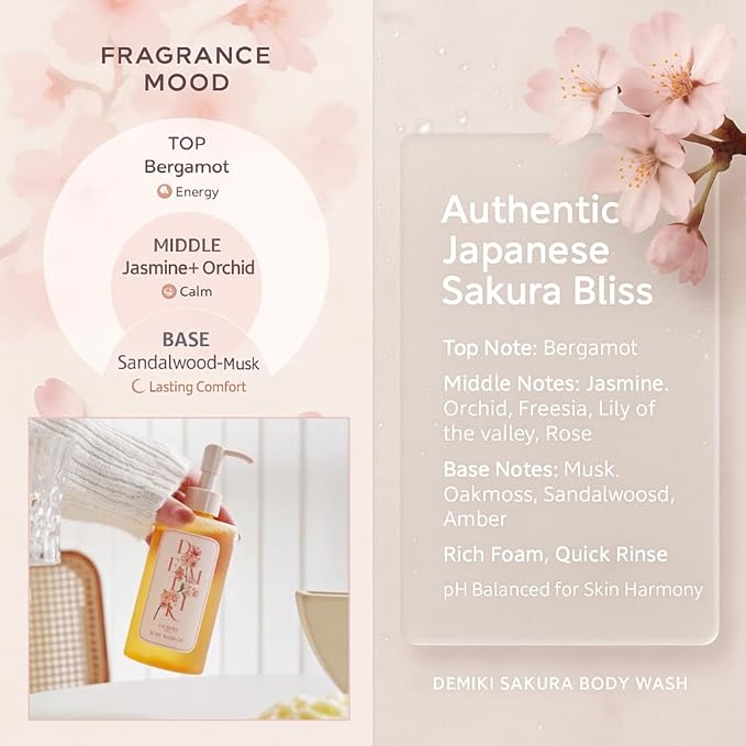 DEMIKI Body Wash Women Shower Gel for Dry and Sensitive Skin-Moisturizing shower gel with Japanese Sakura ScentShower Gel of Sulfate FreeParaben Free pH Balanced Body Wash Natural Bodywash 10fl.oz