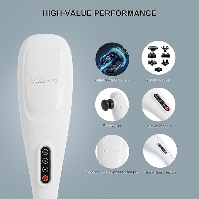 MEGAWISE Cordless Back Massager for Shoulders Waist Legs Rechargeable 3200mAh Battery 5 Speed and 5 +2 Massage Nodes 5 Hard 2 Silicone Nodes Massage While Moving Around (Off White Cordless)