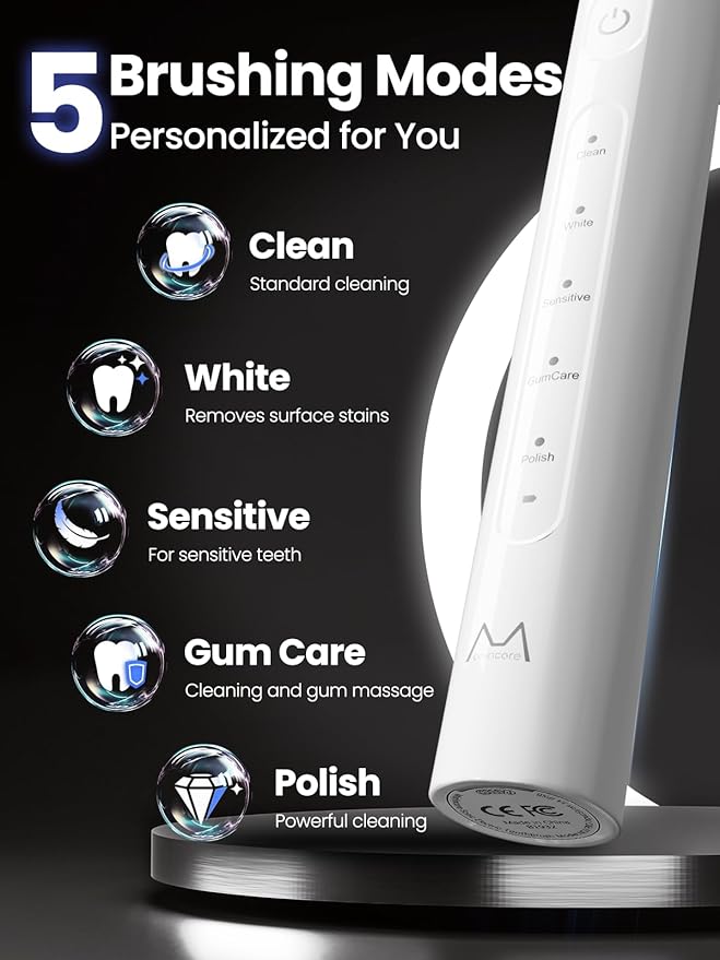 Electric Toothbrush for Adults 180 Days Battery Life Rechargeable Sonic Toothbrush with 4 Brush Heads Smart Timer 55000VPM for Deep Cleaning &amp Whitening with 5 Modes Travel Case White