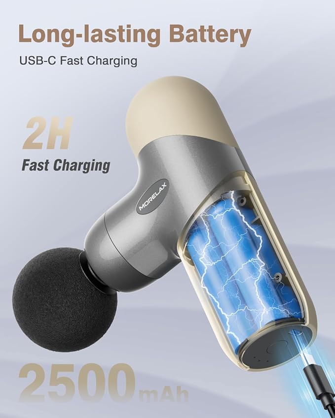 Morelax Mini Massage Gun Deep Tissue Portable Percussion Muscle Massager for Whole Body Pain Relief Electric Handheld Sport Massager with 6 Massage Heads 4 Speed Best Gift (Silver Beige)