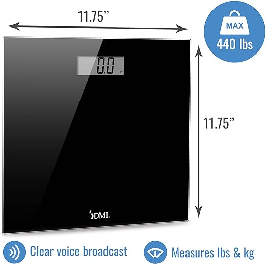 DMI Digital Talking Bathroom Scale Sleek Tempered Glass Clinically Accurate Measurements Large LCD Screen 440 lb. Weight Capacity
