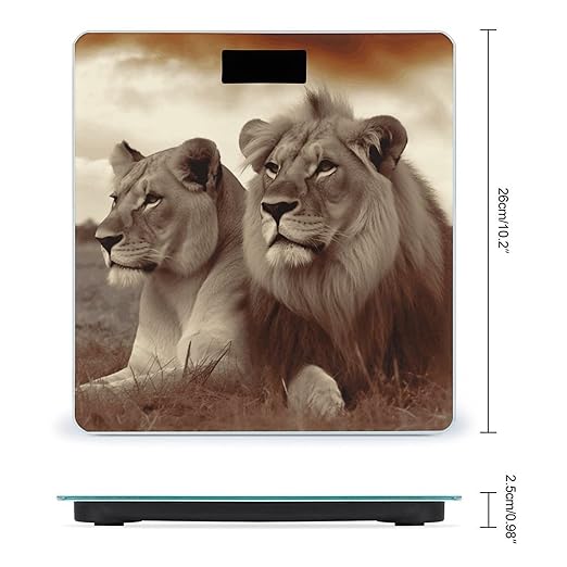 African Lion and Lioness Scale for Body Weight Safe Rounded Corners Tempered Glass Digital Bathroom Scale LED Display 400lb Capacity Weight Scales with High Precision Sensors