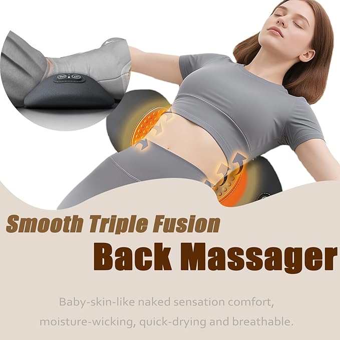 Smooth Spine Triple Fusion Back Massager 3-in-1 Electric Lumbar Support Pillow Heat Vibration Massage Lower Back Spine Decompression Device with Traction for Neck and Shoulder and Backs (Dark Gray)