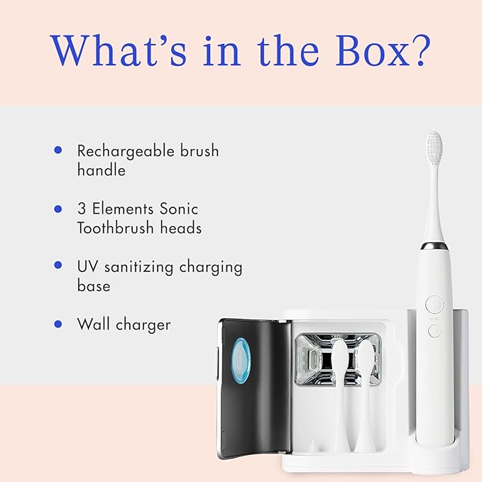 Vanity Planet Elements Ultrasonic Electric Toothbrush - Gold - Advanced Oral Care with UV Sanitizing Charger Base with 3 Replacement Heads - 99.9% Effective Keeping Your Teeth Clean