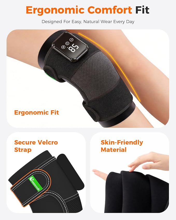 3-in-1 Knee Massager for Pain Relief with Heat Portable Heated Knee Brace with Extension Strap for Knee Elbow &amp Shoulder Cordless Rechargeable Electric Massagers for Joint Comfort (Pair)