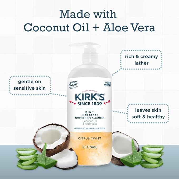 Kirk's 3-in-1 Head to Toe Nourishing Liquid Cleanser- for Men Women &amp Children - Premium Coconut Oil &amp Aloe Vera- Non GMO &amp Vegan - Citrus Twist - 32 Fl Oz. - 2 Pack