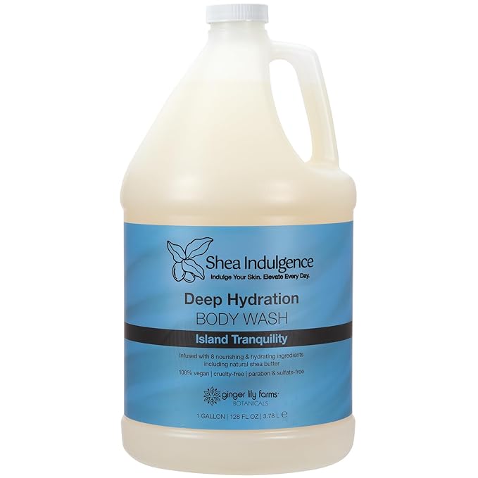 Ginger Lily Farms Botanicals Shea Indulgence Deep Hydration Body Wash Island Tranquility 100% Vegan &amp Cruelty-Free Green Tea &amp Lemongrass Scent 1 Gallon (128 fl oz) Refill