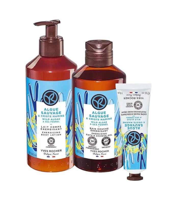 Yves Rocher Wild Algae &amp Sea Fennel Shower Gel Body Nourishing Milk Perfumed Hand Cream Women Men Day Care 200 ml./6.7fl.oz. 390 ml./13.2 fl.oz. 30 ml./1 fl.oz. Set of 3 Best Gift Kit