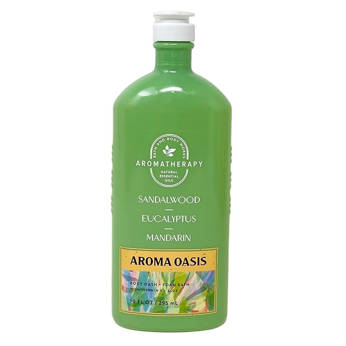 Bath &amp Body Works Aromatherapy Aroma Oasis Sandalwood + Eucalyptus + Mandarin 2 Pack Body Wash + Foam Bath Bundle with an Aloe Vera Bar Soap - Full Size