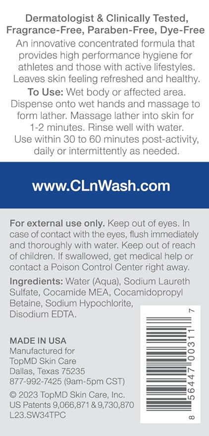 CLn® SportWash – High-Performance Sport Body Wash For Men &amp Women Prone to Body Odor Foot Odor Ringworm Folliculitis &amp Back Acne Fragrance-Free &amp Paraben-Free 3.4 fl. oz.