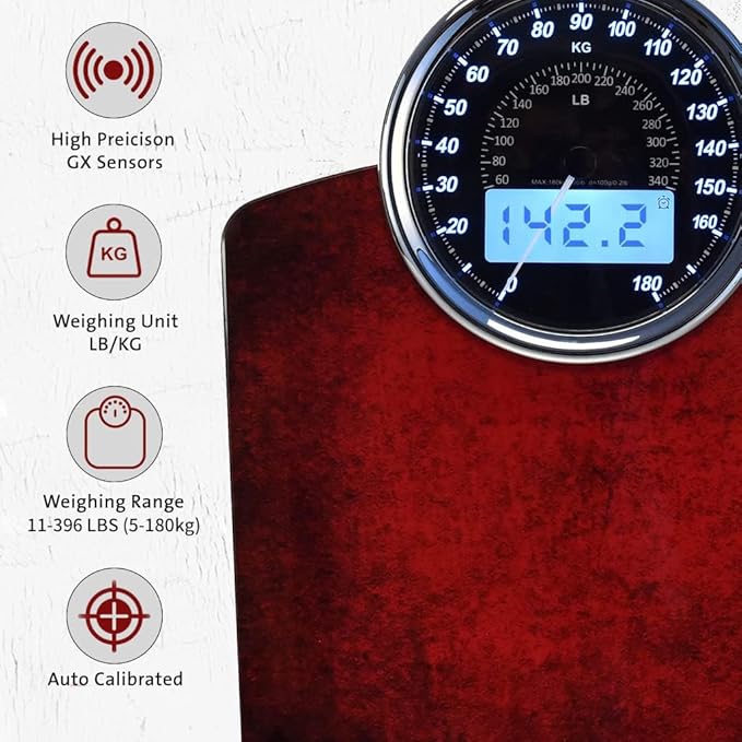 EILISON Highly Advance 2-in-1 Digital &amp Analog Weighing Scale for Body Weight-400lbs 4 High Precison GX Sensor Accurate Thick Tempered Glass Extra Large Display (Red)