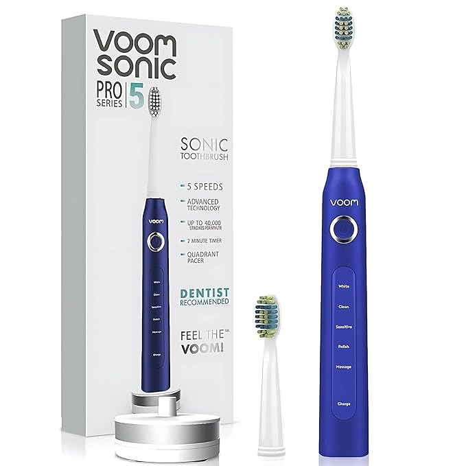 Voom Sonic Pro 5 Series Rechargeable Electronic Toothbrush Dentist Recommended Advanced Oral Care 2 Minute Timer with Quadrant Pacing 5 Adjustable Speeds Soft Dupont Nylon Bristles Blue
