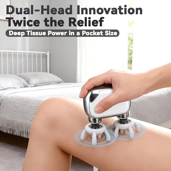 Mini Handheld Massager - Portable Electric Dual Head Massager for Neck Shoulder Back &amp Body Muscle Relief - Compact Personal Massage Device with Travel Pouch