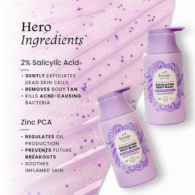 Foxtale# ..2% Salicylic Acid Exfoliating Body Wash with Zinc PCA | Reduces Body Acne Straw-berry Skin &amp Ingrown Hair | Texture in 28 Days | Body Wash for Men &amp Women | Shower Gel | 250 ml