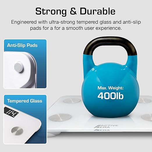 Active Era Digital Bathroom Bluetooth Scales Weight and Body Fat - Fit Track Scale Calculates BMI Body Fat Percentage Muscle Mass - Apple Health Google Fit &amp Fitbit Compatibility (White)