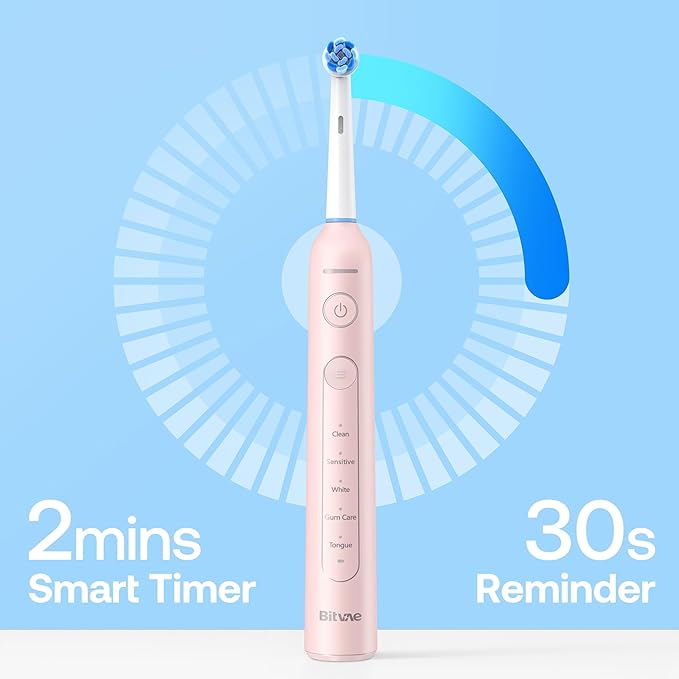 Bitvae R2 Rotating Electric Toothbrush for Adults with 8 Brush Heads 5 Modes Rechargeable Power Toothbrush with Pressure Sensor Pink