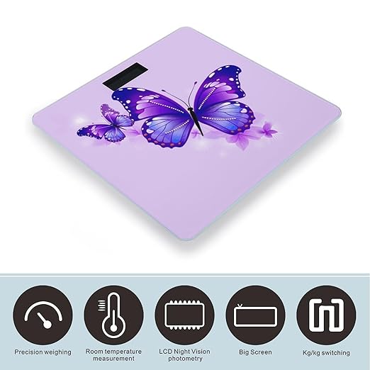 Purple Butterfly Scale for Body Weight Anti-Slip Digital Bathroom Scale Sturdy Toughened Glass Weighing Scales High Precision Safe Rounded Corners Smart Scales