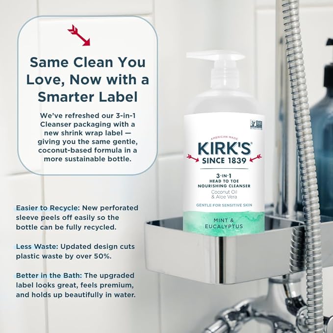 Kirk's 3-in-1 Head to Toe Nourishing Liquid Cleanser - for Men Women &amp Children - Premium Coconut Oil &amp Aloe Vera - Non GMO &amp Vegan - Mint and Eucalyptus - 32 Fl Oz. 2 pack