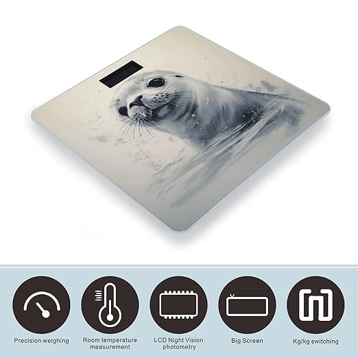 Harp Seal Painting Scale for Body Weight Highly Accurate Digital Bathroom Scale Sturdy Tempered Glass Weighing Scales with LCD Display Fashion Body Fat Smart Scales 400lb
